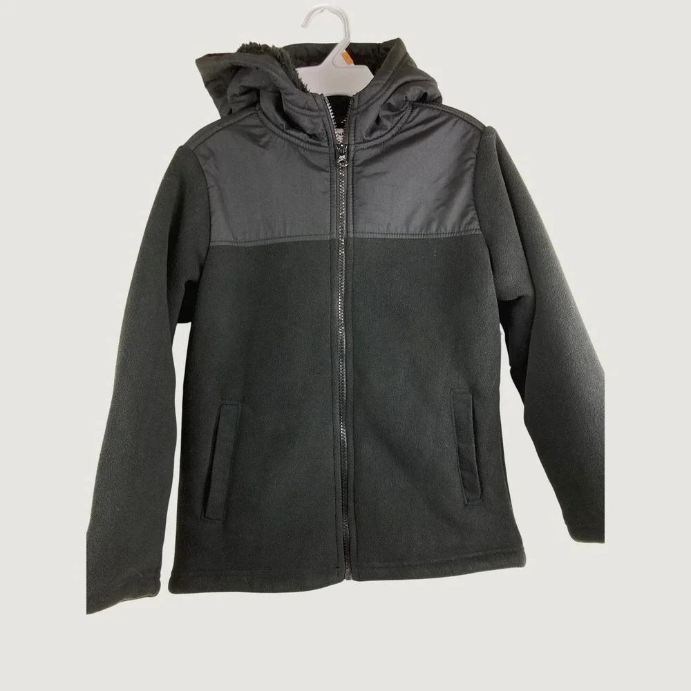 NWT Old Navy Hooded Fleece Jacket Kids Boy M 8 Black Sherpa Lined Mixed Media